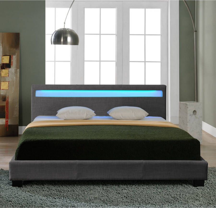 Unbranded Houten Bed Mica Stof LED verlichting Bedbodem 180x200 Donkergrijs Modern Design