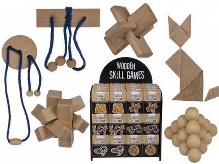 Houten behendigheidsspel houten puzzel mini hersenkrakers schoencadeau kado wooden skill game ca 4.5 x 4.5 cm