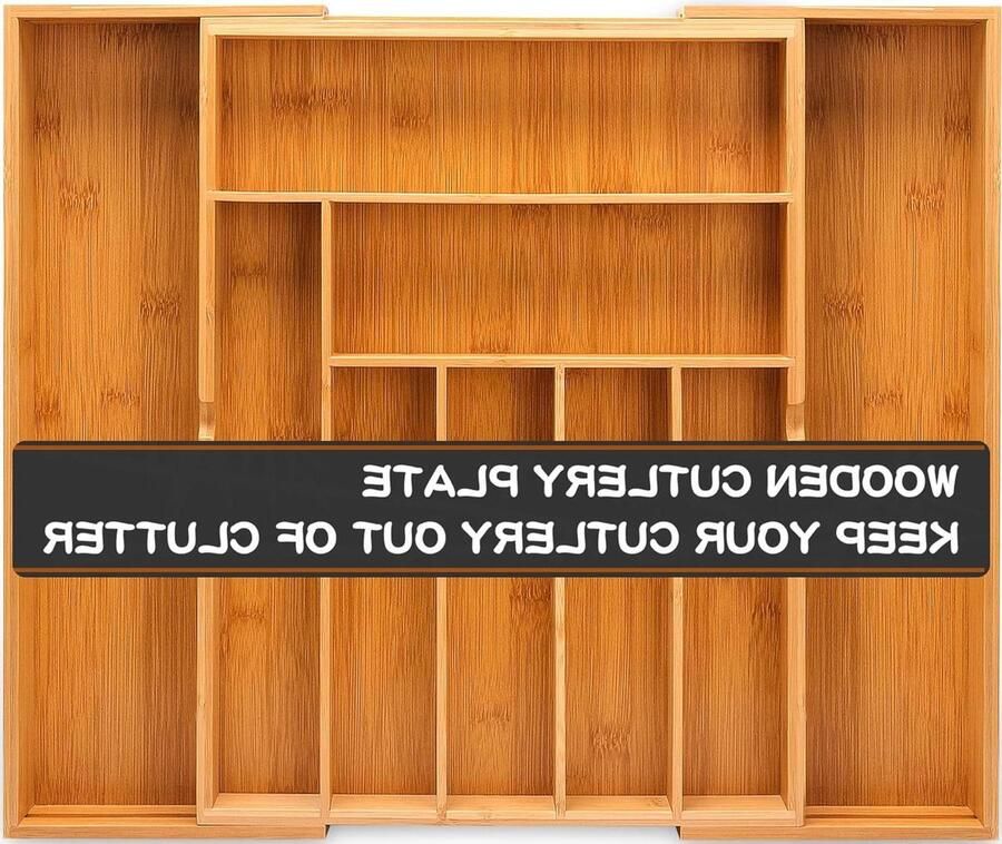 Houten bestekbak uittrekbaar tot 9 vakken keukenorganizer verstelbare lade organizer