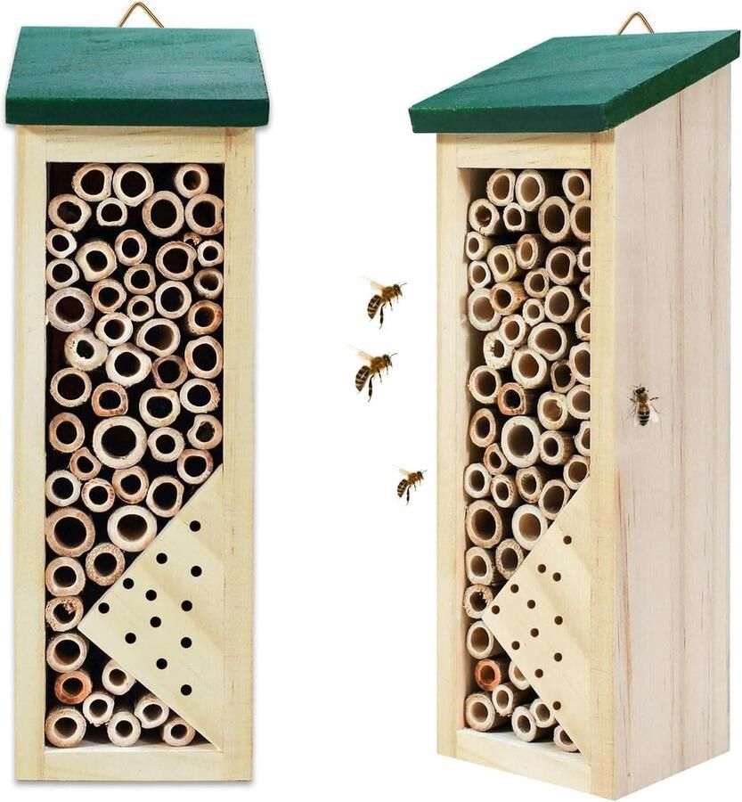 Houten bijenhuis voor buitendecoratie Hangend insectenhotel voor bestuivende bijen Set van 2