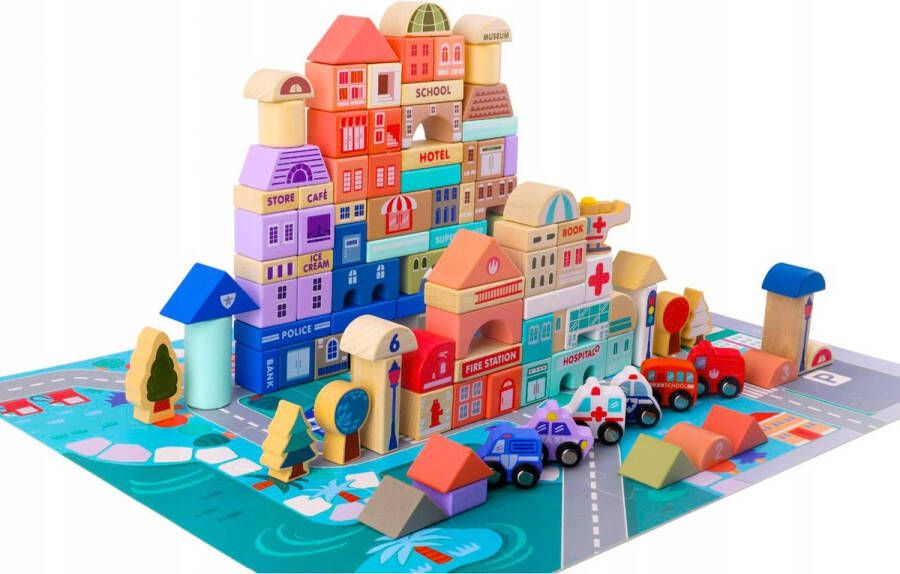 Houten blokken City Blocks Set Puzzle City Auto's Kleurrijk 115 Stuk Verjaardagscadeau Vakantiecadeau