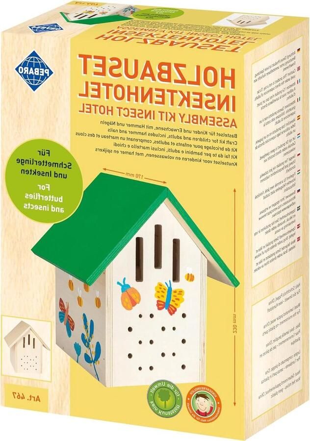Houten bouwset insectenhotel vlinder- en bijenhuis in onbehandeld hout 467 Pebaro bouwpakket met hamer insectenhotel
