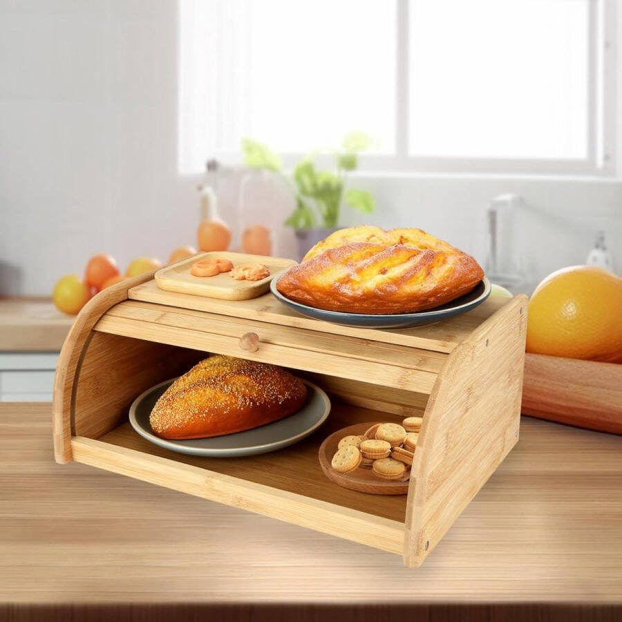 Houten broodtrommel met roldeksel bamboe 40 x 27 x 165 cm opbergdoos voor brood keuken en werkblad