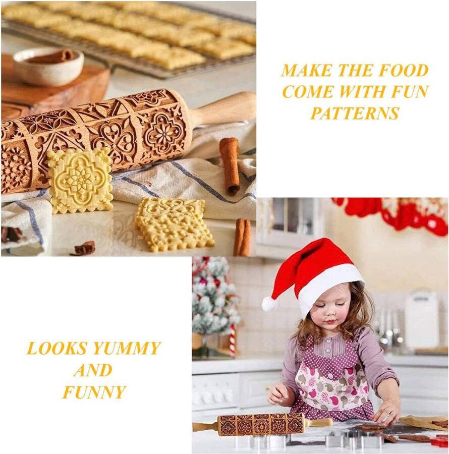 Houten deegroller 3D-embossing-deegroller houten deegroller met patroon 3D embossing-deegroller Bakaccessoires deegroller met metalen as voor fondant deeg pizza Amygline-koekje