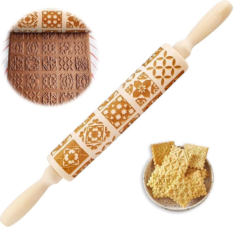 Houten deegroller met patroon – 39 cm lang – voor zelfgemaakt gebak en koekjes
