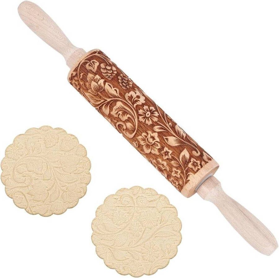 Houten deegroller met reliëf donkere bloemen rotan 35 cm lang voor het bakken van koekjes 3D-patroon DIY keukengereedschap bakaccessoires zelfgemaakte gebak koekjes fondant deeg