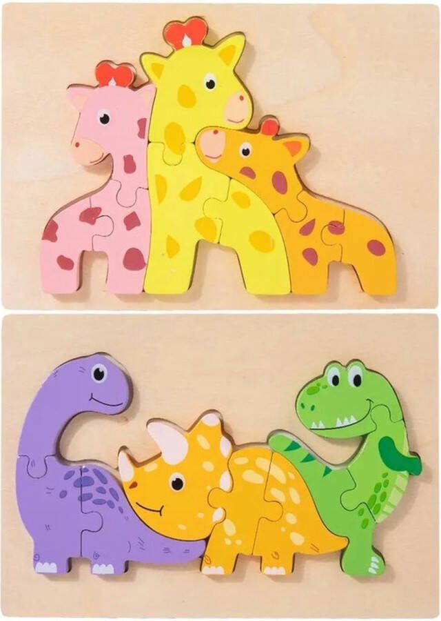 Houten dieren puzzels Dino's en Giraffen 8 en 9 stukjes Vanaf 2 jaar Kinderpuzzel Educatief montessori speelgoed Grapat en Grimms style