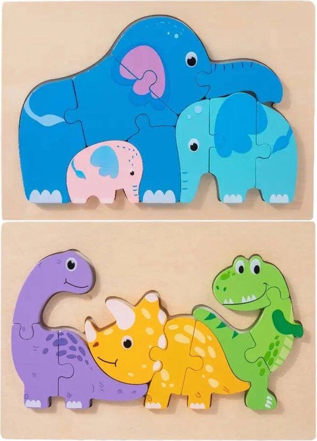 Houten dieren puzzels Dino's en olifanten 9 stukjes Vanaf 2 jaar Kinderpuzzel Educatief montessori speelgoed Grapat en Grimms style