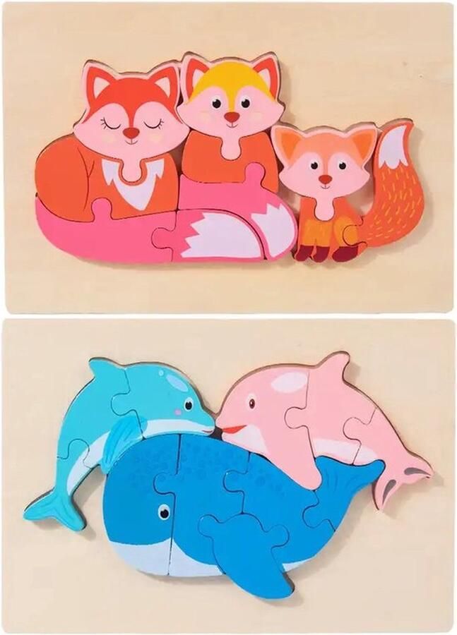 Houten dieren puzzels Vossen en dolfijnen 10 en 11 stukjes Vanaf 2 jaar Kinderpuzzel Educatief montessori speelgoed Grapat en Grimms style