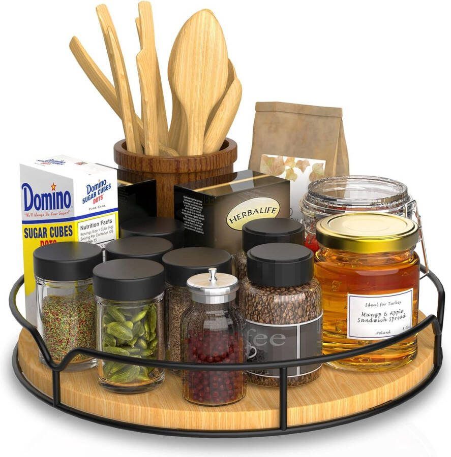 Houten draaiplateau organizer: draaiplateau organizer keuken roterend kruidenrek antislip kruidenrek draaibaar voor keuken opbergrek eetkamer kast tafel werkblad