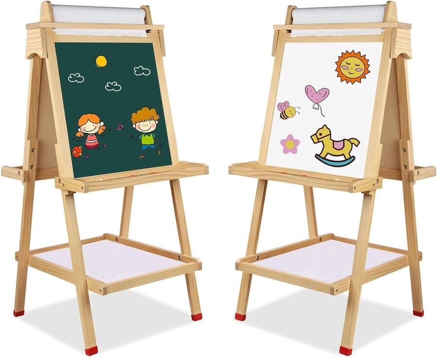 Houten ezel voor kinderen met papierrol dubbelzijdig tekenbord in hoogte verstelbaar verjaardagscadeaus whiteboard en bord