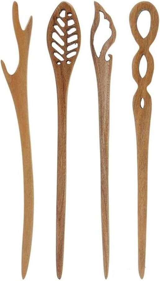Houten Haarstok Haaraccessoires Set Lange Haarspelden Hoorn Vork Pin Chignon Houder 4 Stuks