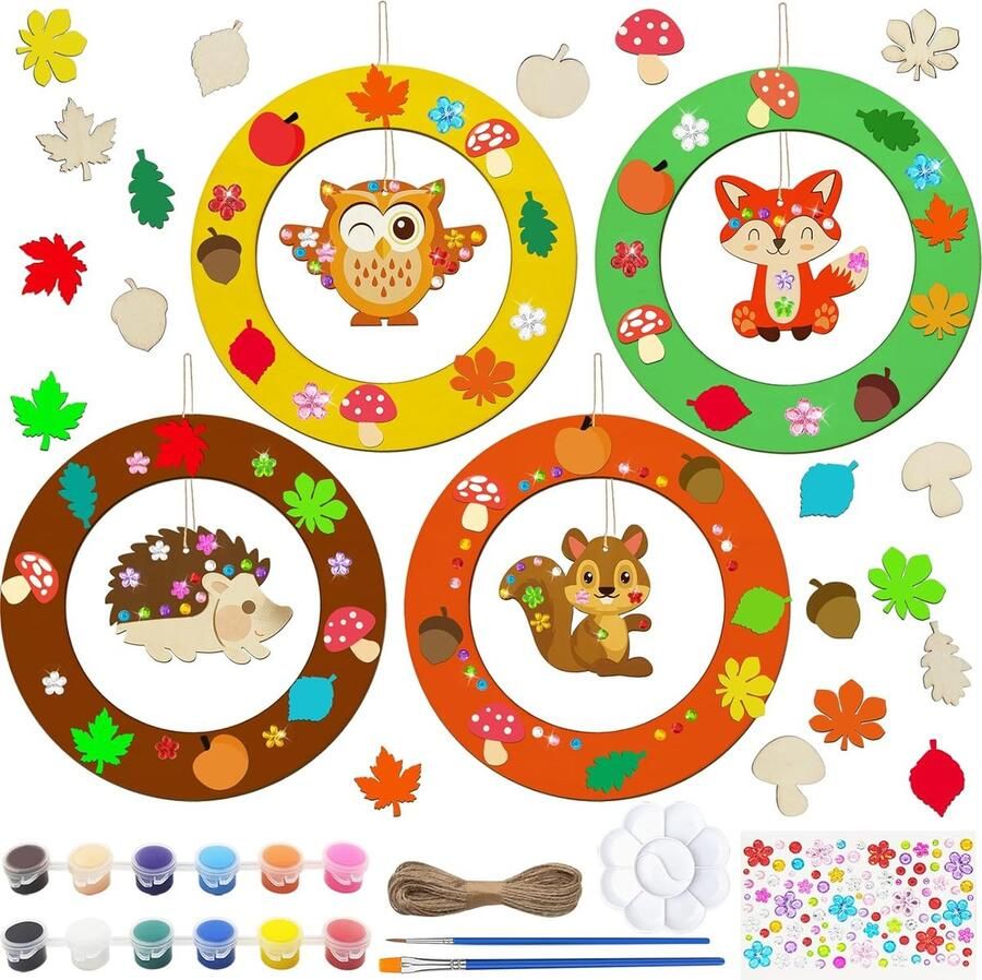 Houten herfstkransen knutselset voor kinderen 4 stuks houten knutselset om te beschilderen egel uil vos deurkrans houten knutselset Halloween Thanksgiving herfstdecoratie