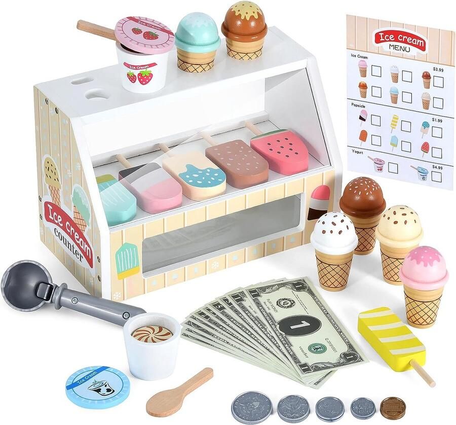 Houten ijs Speelset Ice Cream Counter Toonbank Voor Peuter Speelgoed Montessori Voedsel Speelgoed Keuken Accessoires Geschikt voor Kinderen vanaf 3 Jaar