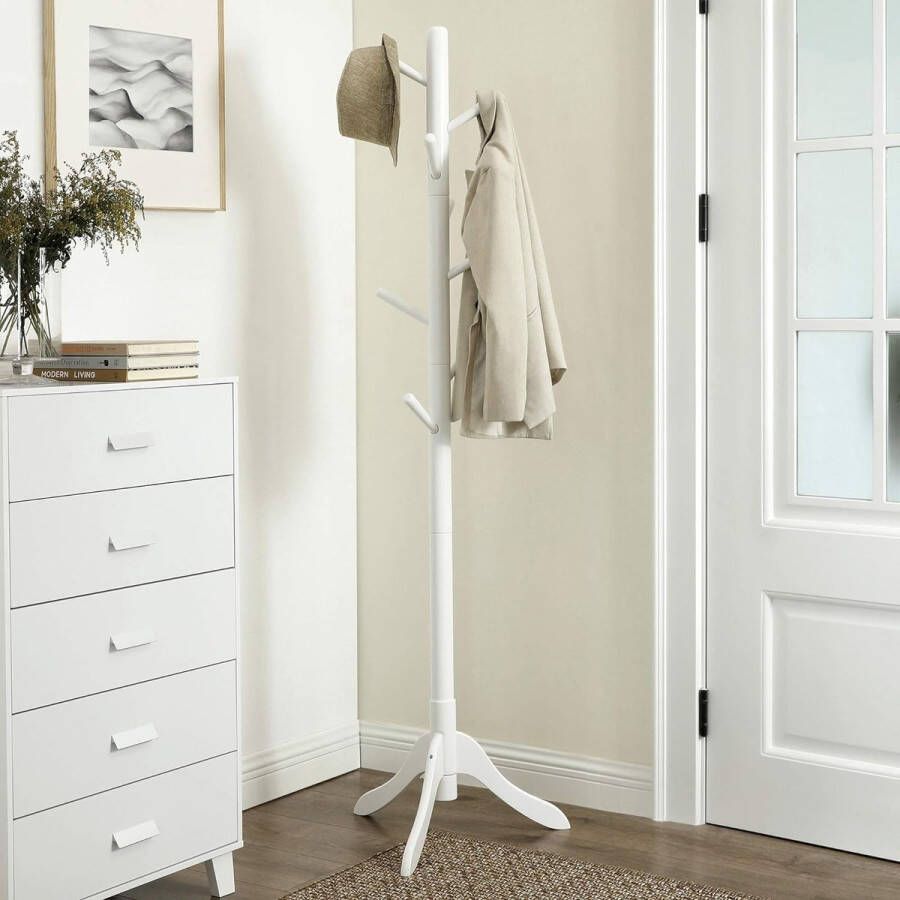 Houten kapstok kledingrek met 8 haken boomvorm verstelbaar in 3 hoogtes voor jassen tassen voor entree slaapkamer wit RCR60WT