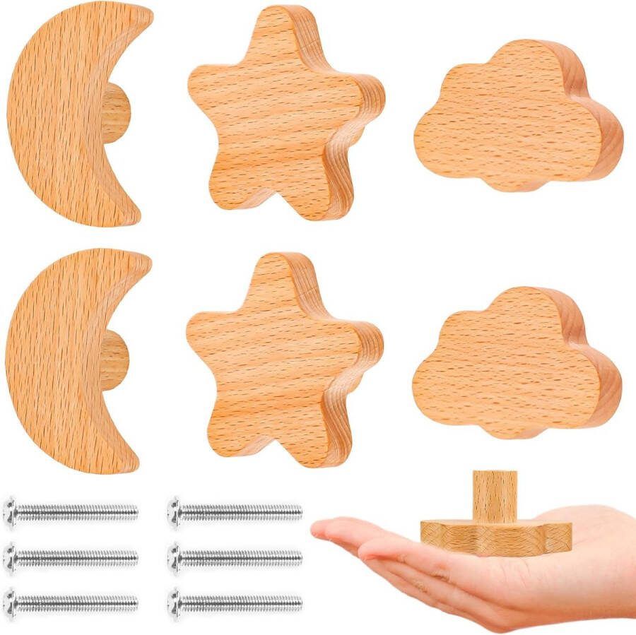 Houten kastknoppen pak van 6 meubelknoppen kinderen sterren maan wolken houten knoppen knop voor kast ladeknoppen natuurlijke decoratie meubelknop voor ladekast kinderkamer