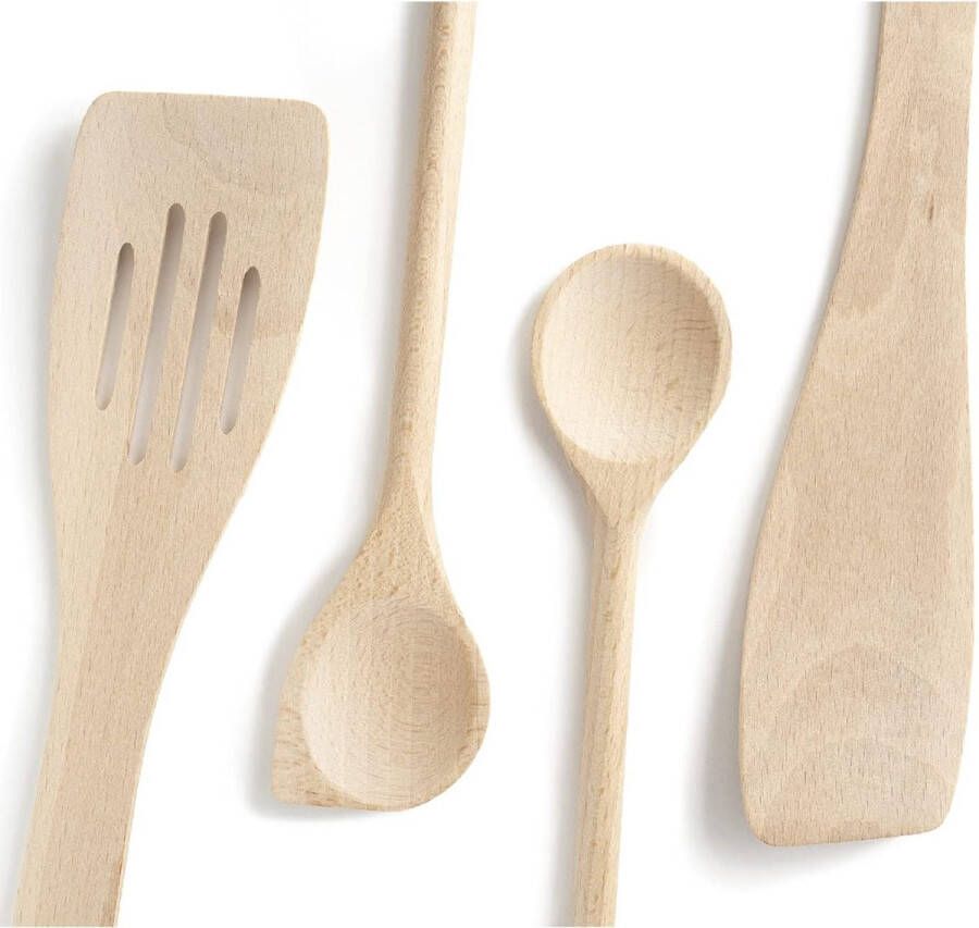 Houten keukengereedschap Set van 4 complete set spatels van beukenhout Gemaakt in de EU 1 grote sauslepel 30 cm 1 penspatel 30 cm 1 afgeschuinde spatel 30 cm 1 spuitzak