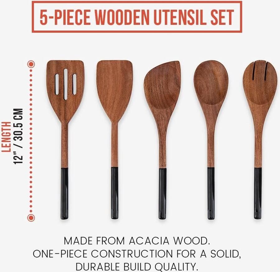 Houten keukengerei lepels spatel voor keuken 5-delige set 12 inch lang niet-stick kookgerei gereedschap of keukengerei inclusief houten lepel spatel vork sleufdraaier (Zwart)