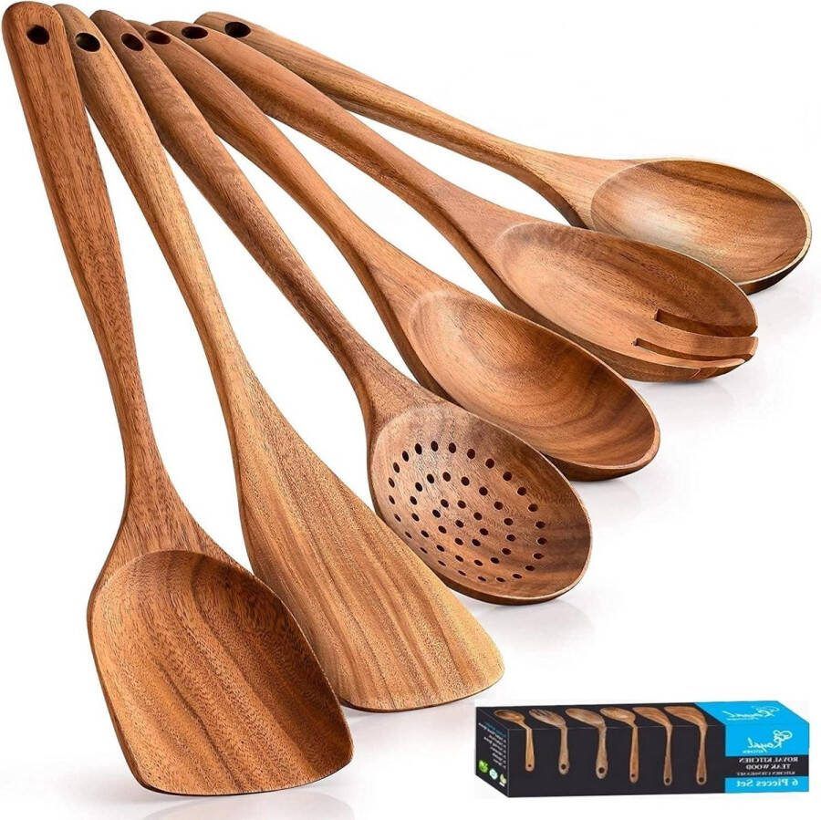 Houten Keukengerei Set Kookgerei Non-Stick Pan Keukengereedschap Kooklepels Spatels Koken Set van 6