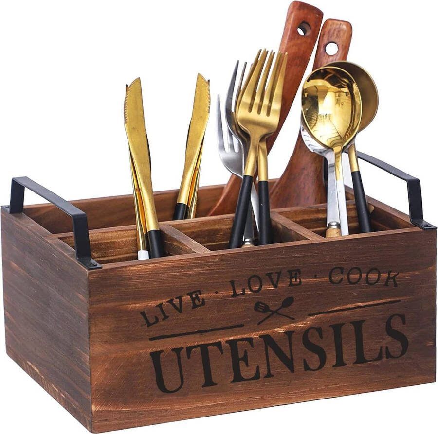 Houten keukengereihouder met 4 vakken keukengereihouder met afvoergat kooklepelhouder organizer voor keukengerei organizer voor werkblad 2 handgrepen aan de zijkant voor eenvoudig