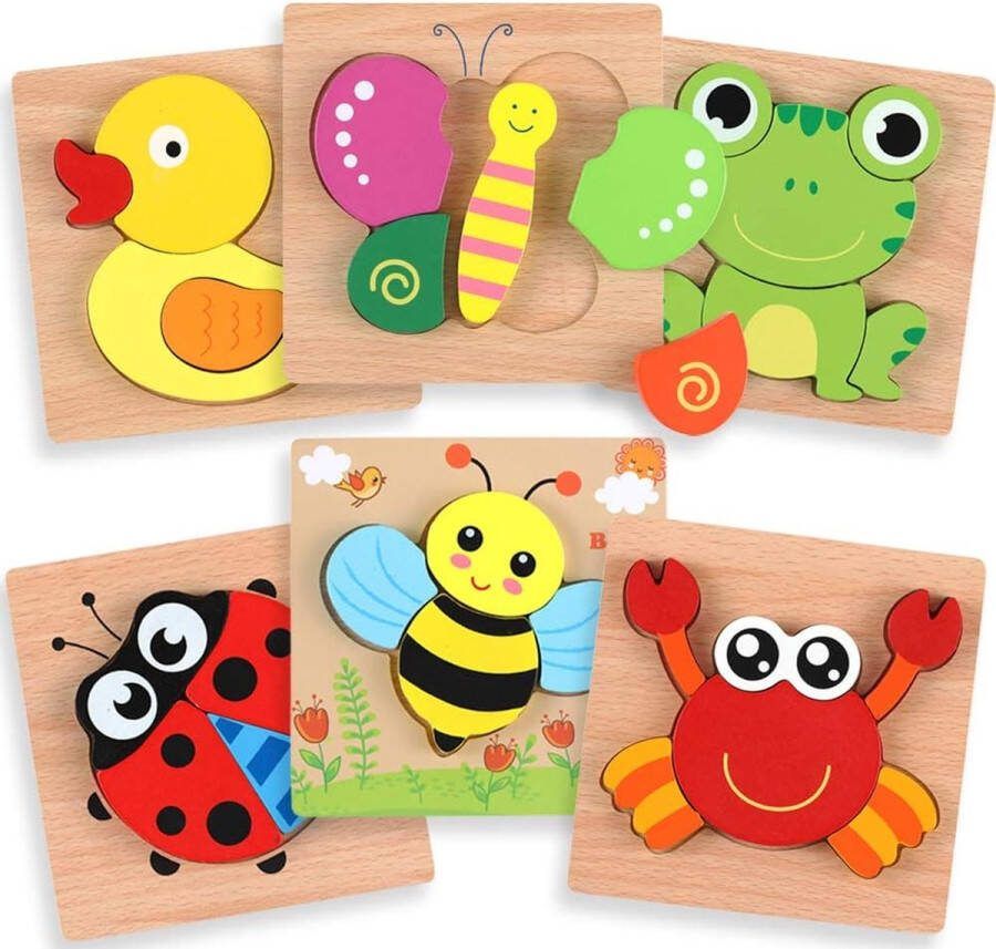 Houten Kinderdierenpuzzels Kinderpuzzel Educatief Montessori Leerspeelgoed met 6 Dierenpatronen en Levendige Kleurvormen voor Jongens en Meisjes Speelgoed voor kinderen 1-4 jaar Legpuzzel