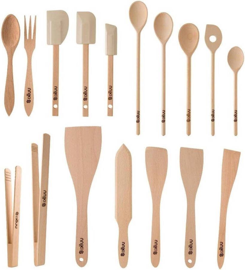 Houten Kookgerei Set Kooklepel Spatel Slabestek Deegschraper Grilltangen Keukengereedschap Beuk 17-delig Wooden Spoons