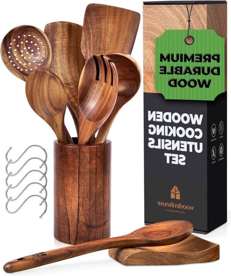 Houten kookgerei set Lifelong Quality Teakhouten lepels en spatel Anti-aanbaklaag Natuurlijk en gezond Duurzame keukengerei set van 13 stuks met houder