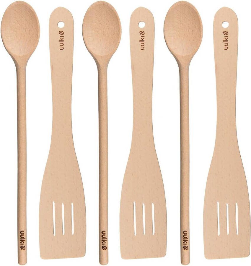 Houten kooklepel & spatel set braadspatel & houten lepel met gleuf milieuvriendelijk keukengerei praktische set van 6