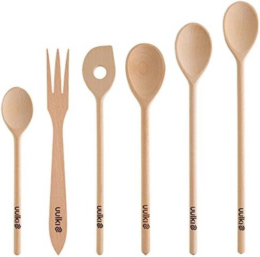 Houten Kooklepel Set – Ecologische Kooklepels met roerlepel en Vork uit Europees Beukenhout – Kookgerei Keukengerei in Europa gemaakt (6 stuks)