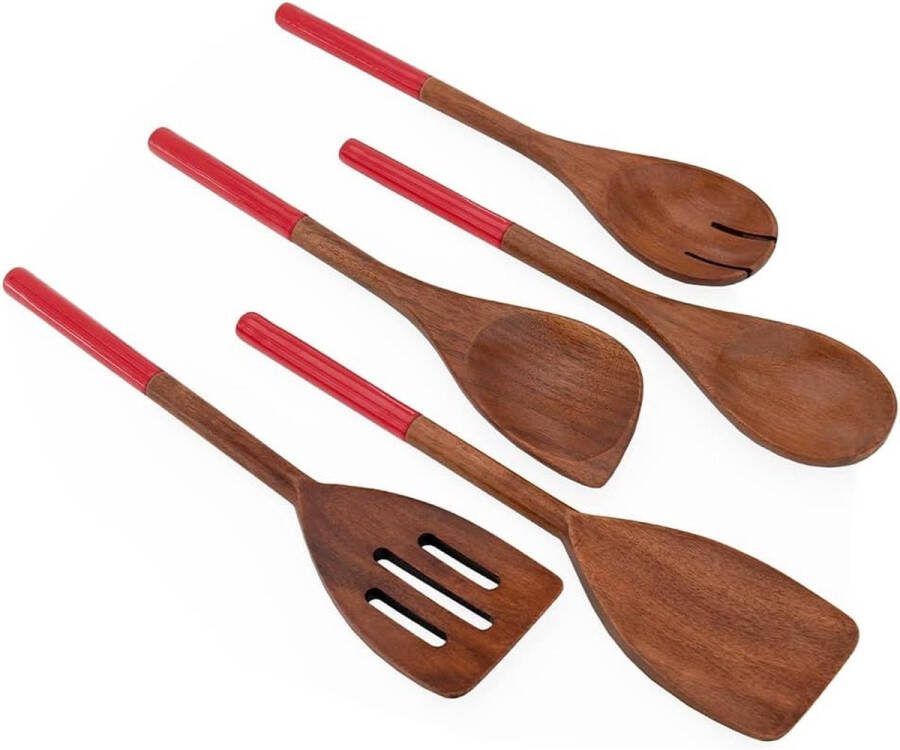 Houten Kooklepel Set van 5 Acacia Houten Kooklepel Set Houten Kooklepel Set Houten Kooklepel Houten Spatel Puntige Kooklepel Menglepel (Rood)
