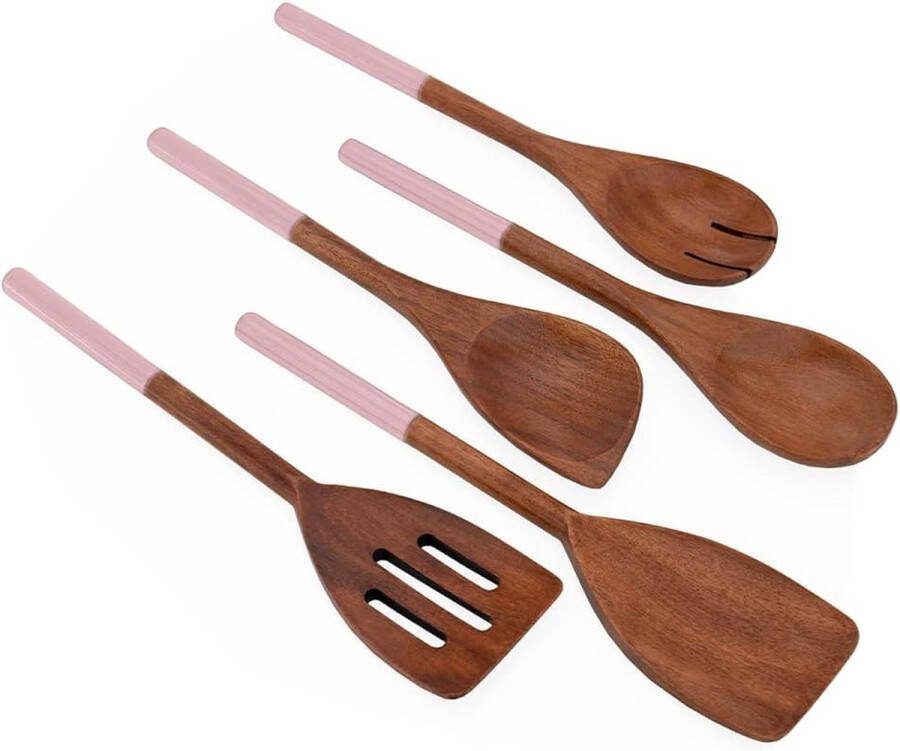 Houten Kooklepel Set van 5 Acacia Houten Kooklepel Set Houten Kooklepel Set Houten Kooklepel Houten Spatel Puntige Kooklepel Menglepel (Roze)