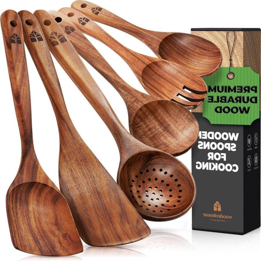Houten kooklepels teakhout hittebestendig comfortabele grip anti-aanbak 6 stuks Wooden Spoons