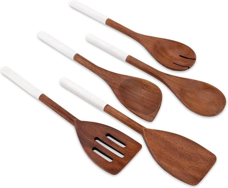 Houten kooklepelset van 5 Houten kooklepelset van acaciahout Houten kooklepelset Houten kooklepel Houten spatel Puntige kooklepel Menglepel (wit)