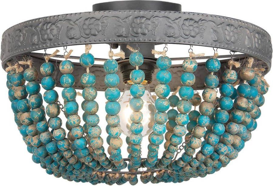 Houten kralen kroonluchter Boheemse vintage rustieke Boho natuurlijk plafondlamp boerderij E27 licht voor eetkamer slaapkamer blauw-1