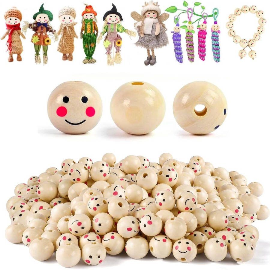 Houten Kralen met Gezicht Yiyifor 100 Stuks Smile Face Houten Kralen 20 mm Natuurlijke Houten Kralen Ronde Houten Kralen met Gat van 5 mm voor DIY Sieraden Armband Ketting Maken