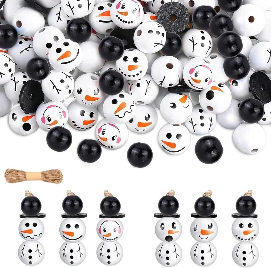 Houten kralen met glimlachend gezicht sneeuwpop Doe-het-zelf kerstdecoraties 96 stuks Houten kralen met gezichtjes
