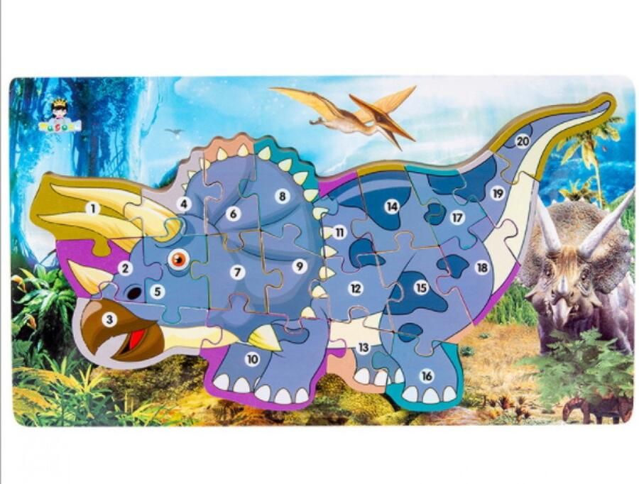 Houten legpuzzel Dinosaurus 40 x 22 cm. Cijfers puzzel 1 t m 20 leren tellen met Dino