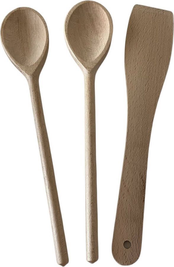 Houten lepels en spatel pollepel kooklepel bakspaan bakspatel set van 2 lepels en 1 spatel 30 cm beukenhout