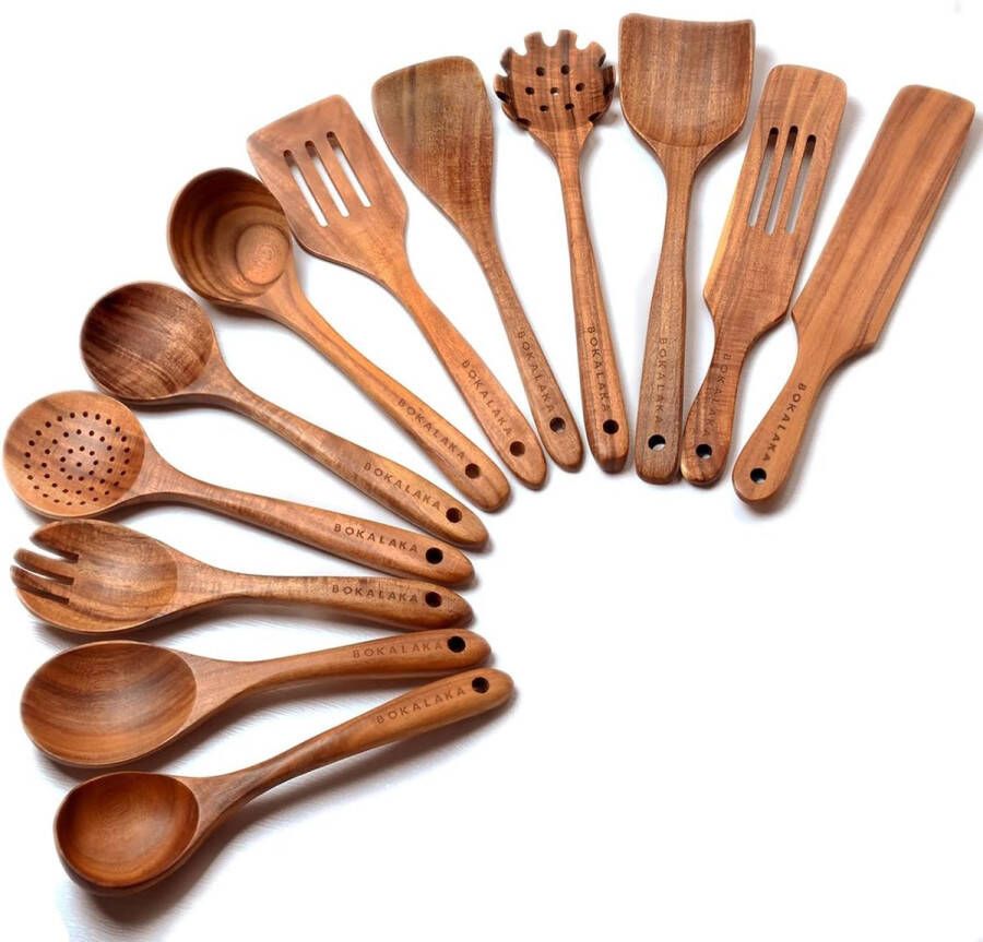 Houten lepels voor koken 12 stuks houten keukengerei voor koken keukengerei set houten kookgerei natuurlijk teakhout houten spatels voor koken