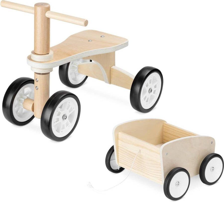 Houten loopfiets met trailer Peuterfiets van hout met 4 wielen Geschikt voor kinderen vanaf 18 maanden Voor jongens en meisjes