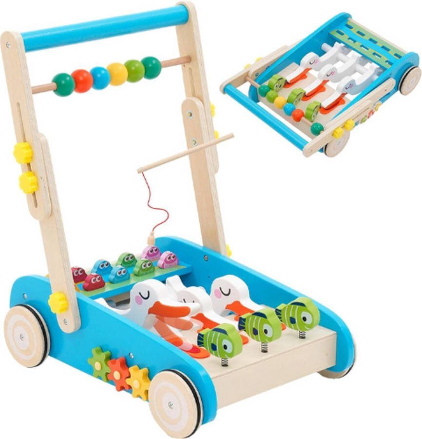 Houten Loopwagen met Hengelspeelgoed Houten Speelgoed Babywalker Looptrainer Verstelbaar en Inklapbaar