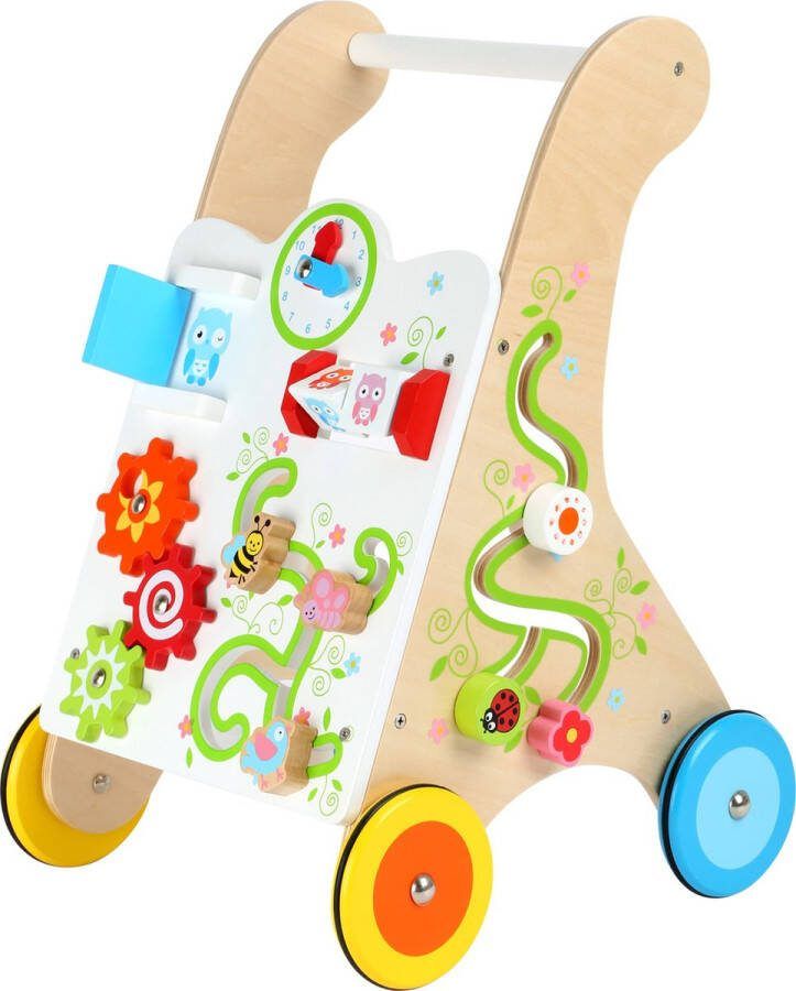 Houten loopwagen met veel felgekleurde details rubberen wielen