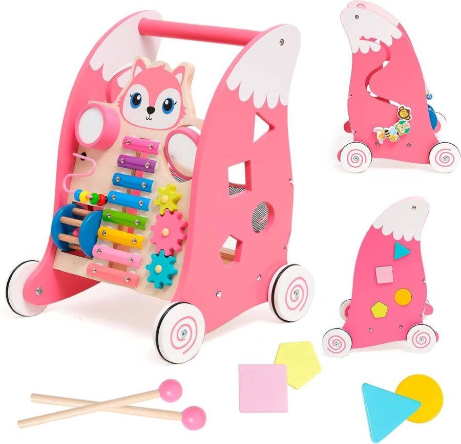 Houten loopwagen voor baby's met Montessori-speelgoed en rubberen banden educatief speelgoed vanaf 6 maanden (eekhoorn)