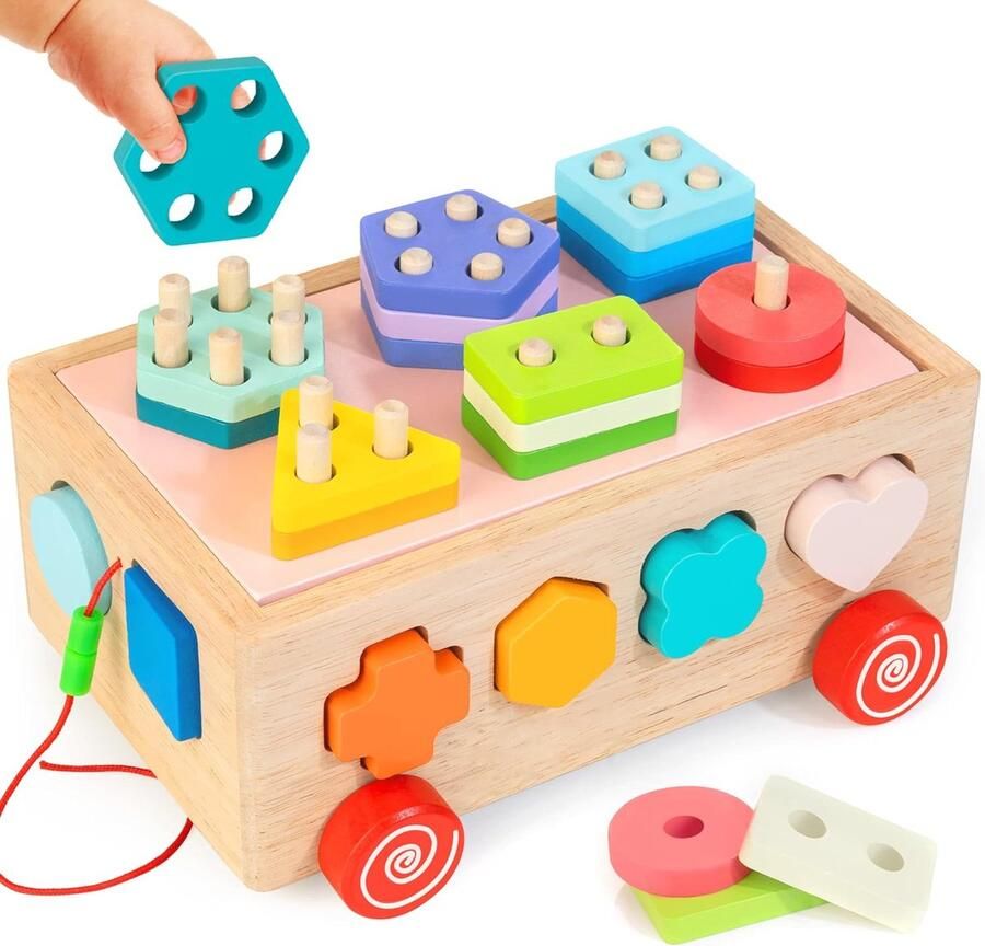 Houten motorische kubussen stapelbare puzzel houten speelgoed stapelspel voor het sorteren van vormen schuif- en trekspeelgoed Montessori educatief speelgoed voor kinderen vanaf 1 jaar