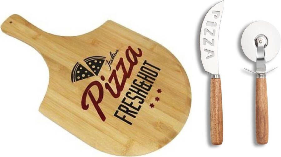 Houten pizza snijplanken pizzabord bord met handvat 53 cm Inclusief messen set