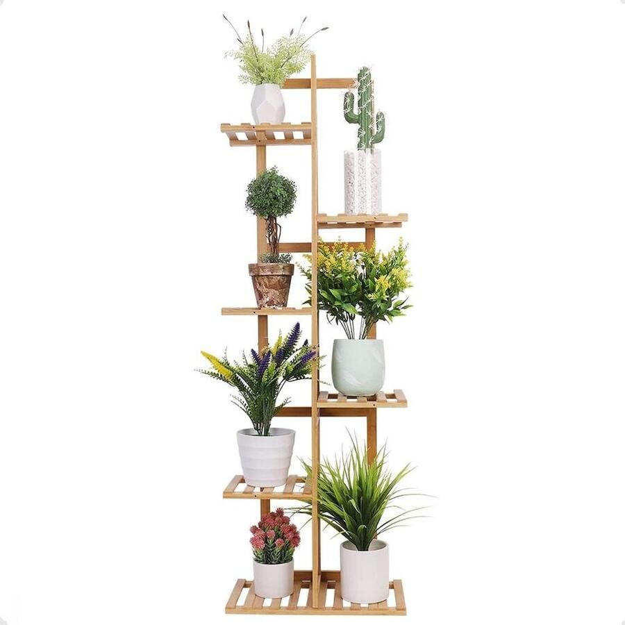 Houten plantenrek bloemenstandaard met meerdere verdiepingen 7 planken plantentrap bloemenrek voor balkon restaurant café decoratie 40 x 20 x 122 cm