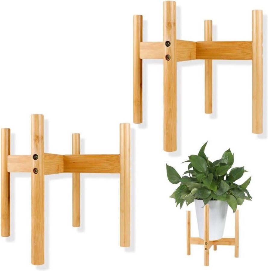 Houten Plantenstandaarden voor Binnen Mid-Century Moderne Bloempothouder Bamboe Plantenrek voor Binnen Maximaal 25 cm Plantenpotten Set van 2
