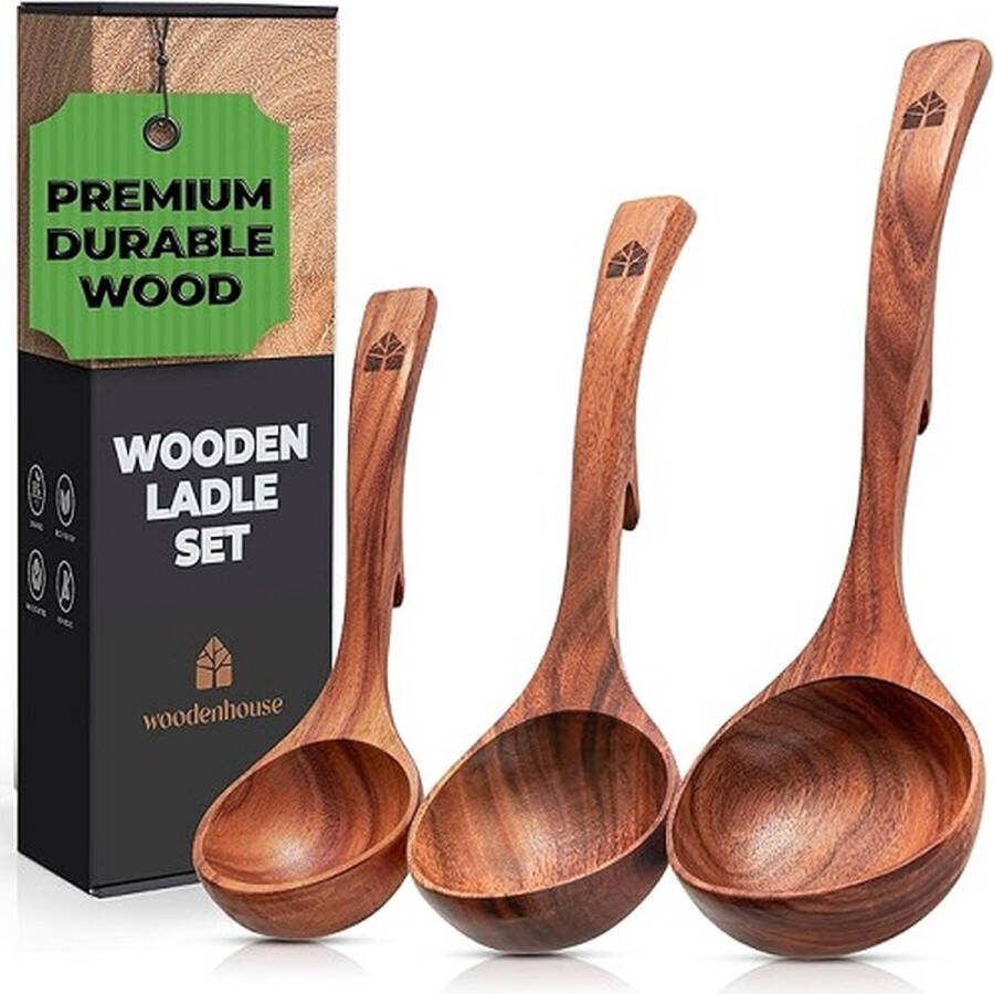 Houten pollepelset 3 maten teakhouten keukenserveerlepel met achterhaken voor pot en kom anti-aanbakbare houten lepelset voor koken serveren en roeren