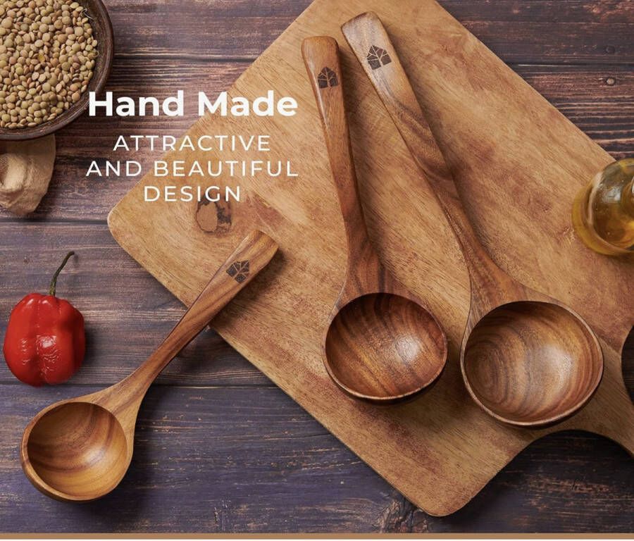 Houten pollepelset 3 maten teakhouten keukenserveerlepel met achterhaken voor pot en kom anti-aanbakbare houten lepelset voor koken serveren
