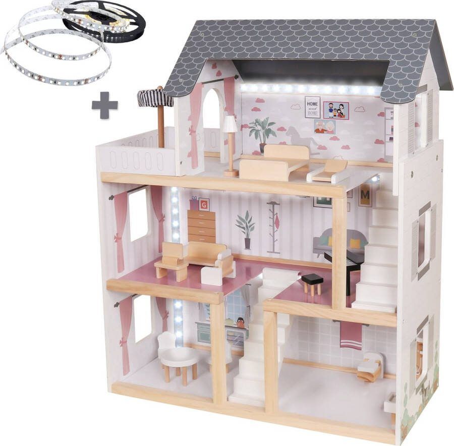 Houten Poppenhuis – Met Led lichting Inclusief Meubels 77cm Wit